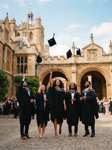 Graduates outside a university building