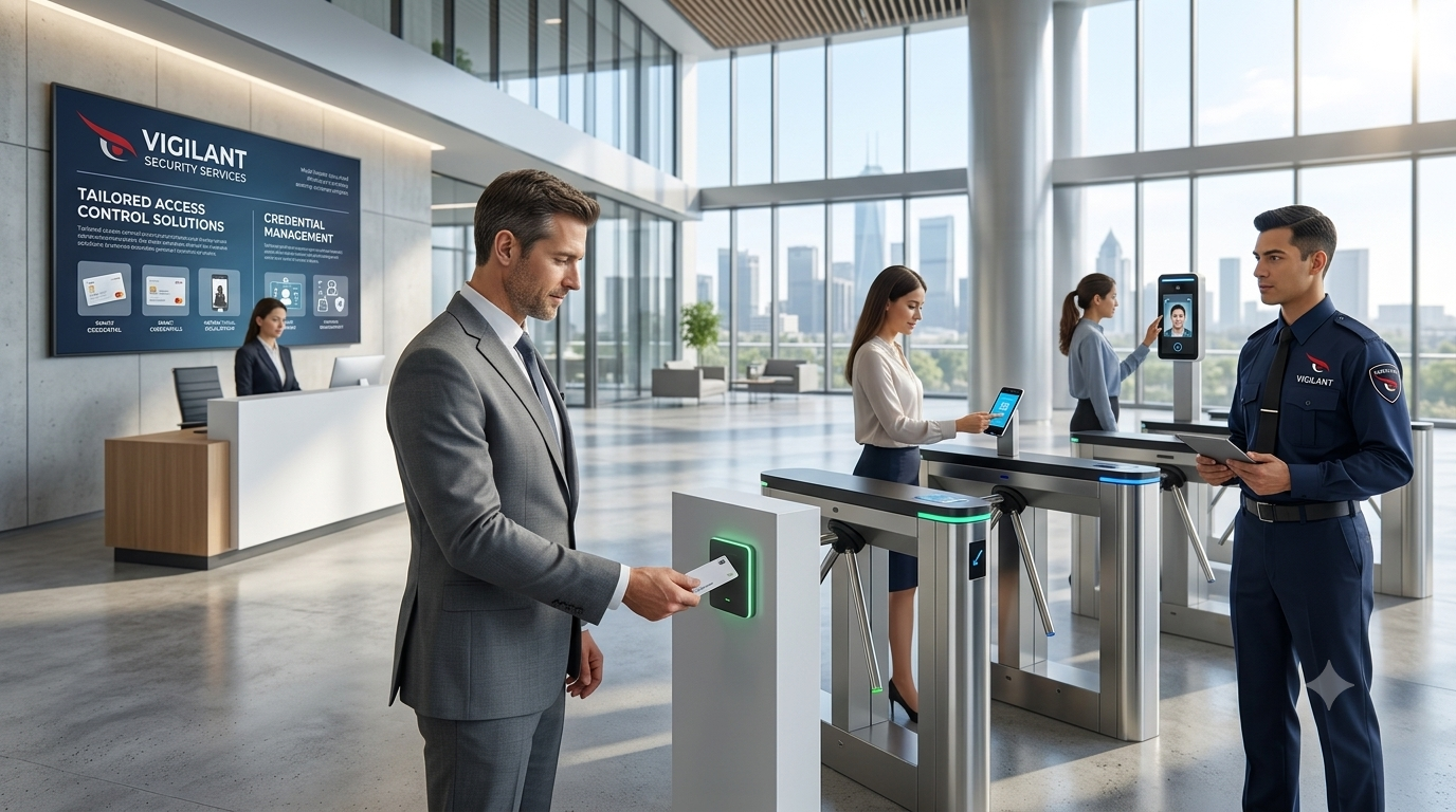 Access control credentials including RFID cards, fobs, and biometric scanner