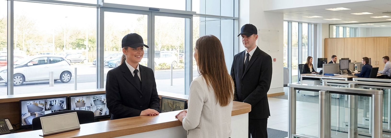 Corporate security officer at a modern office reception
