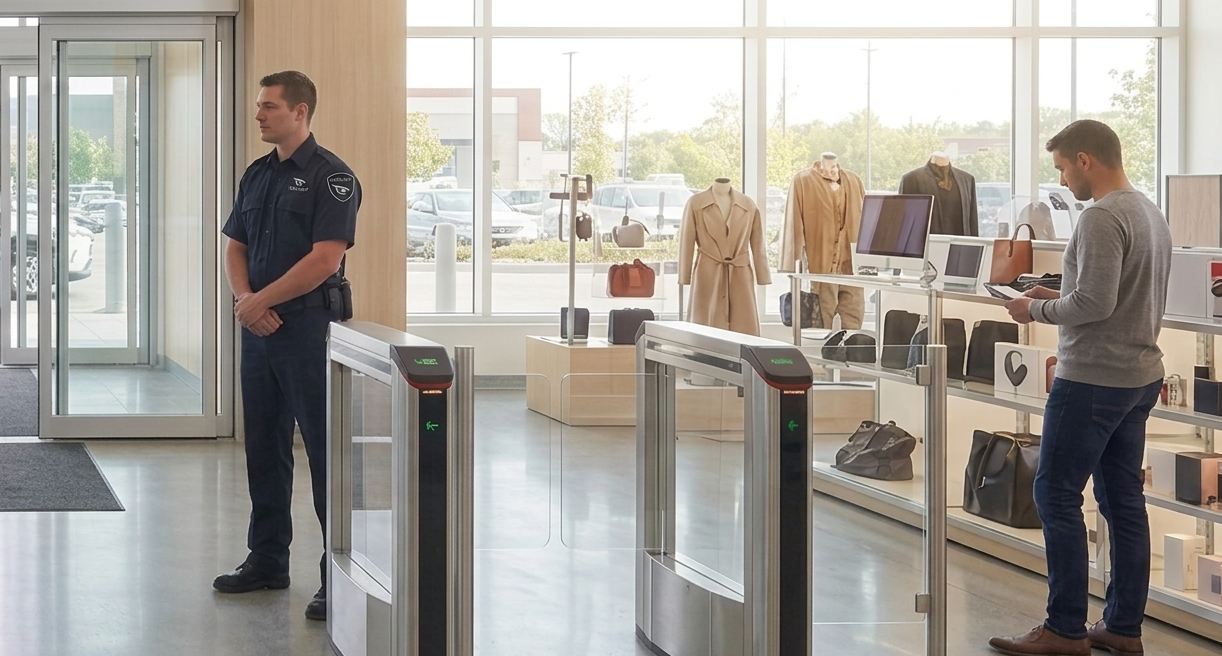 Electronic article surveillance pedestal system at retail store entrance