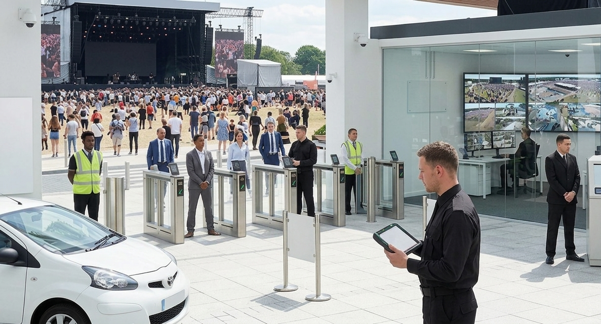 Event security team managing crowd access at a venue
