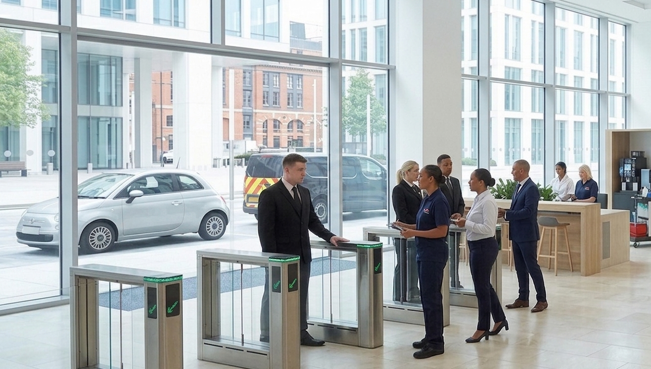 Security officer at a local government building entrance