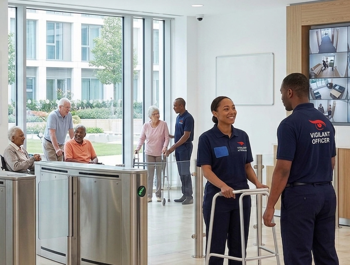 Security officer assisting at a care housing facility