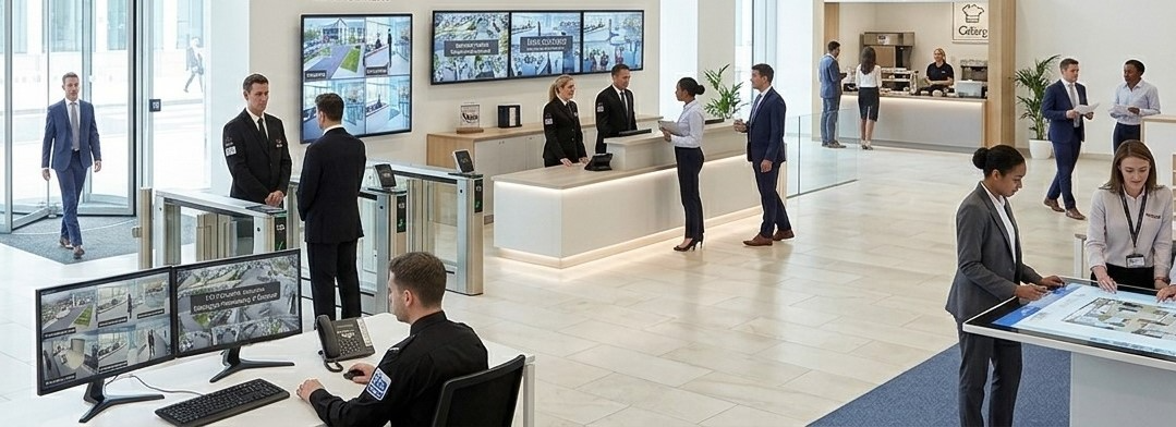 Facilities management team reviewing building operations