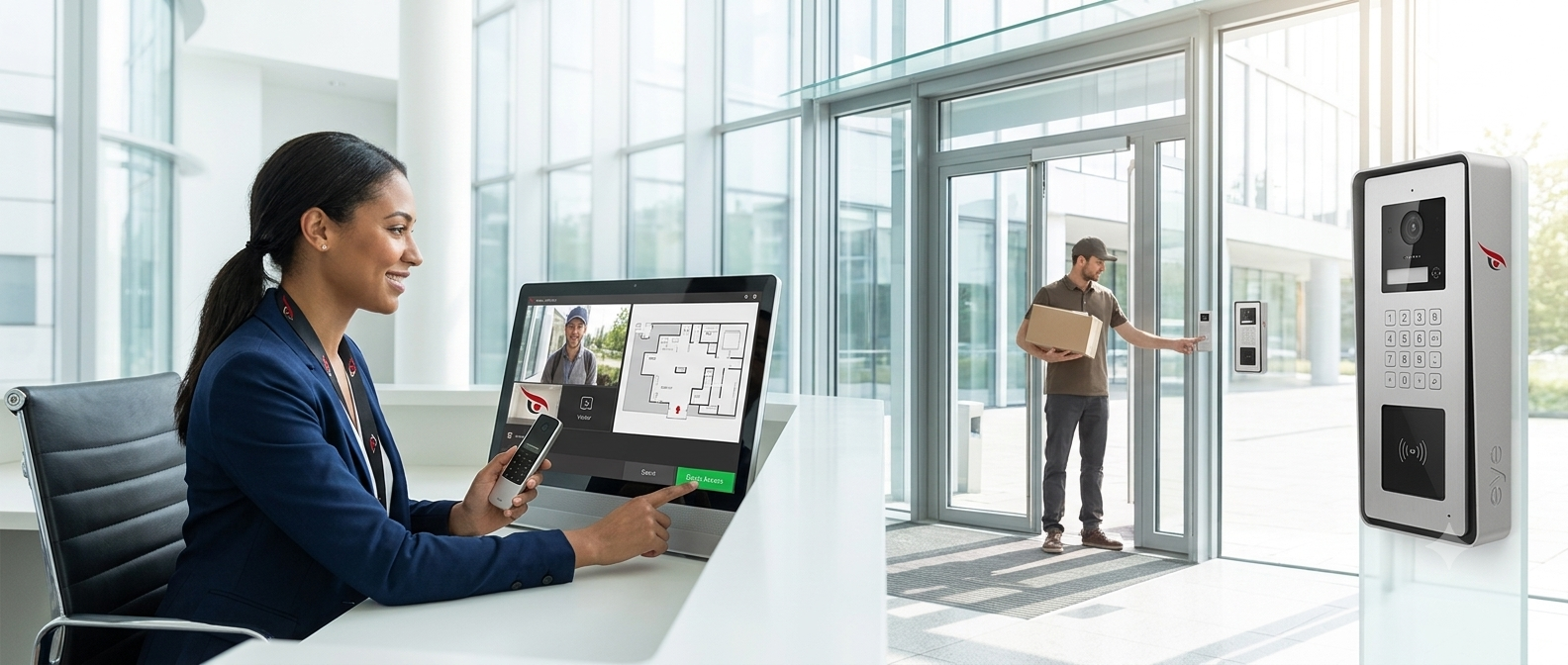 Intercom system at secure building entrance with video verification