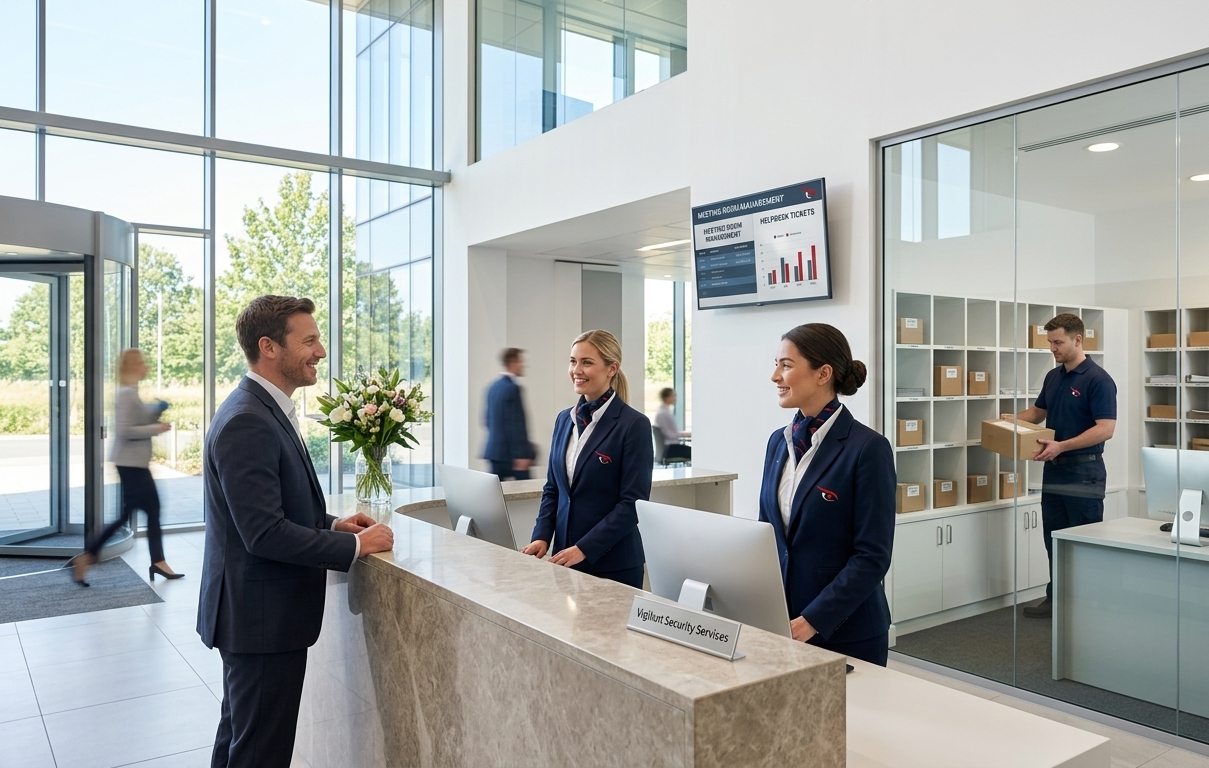 Professional receptionist at a corporate front desk