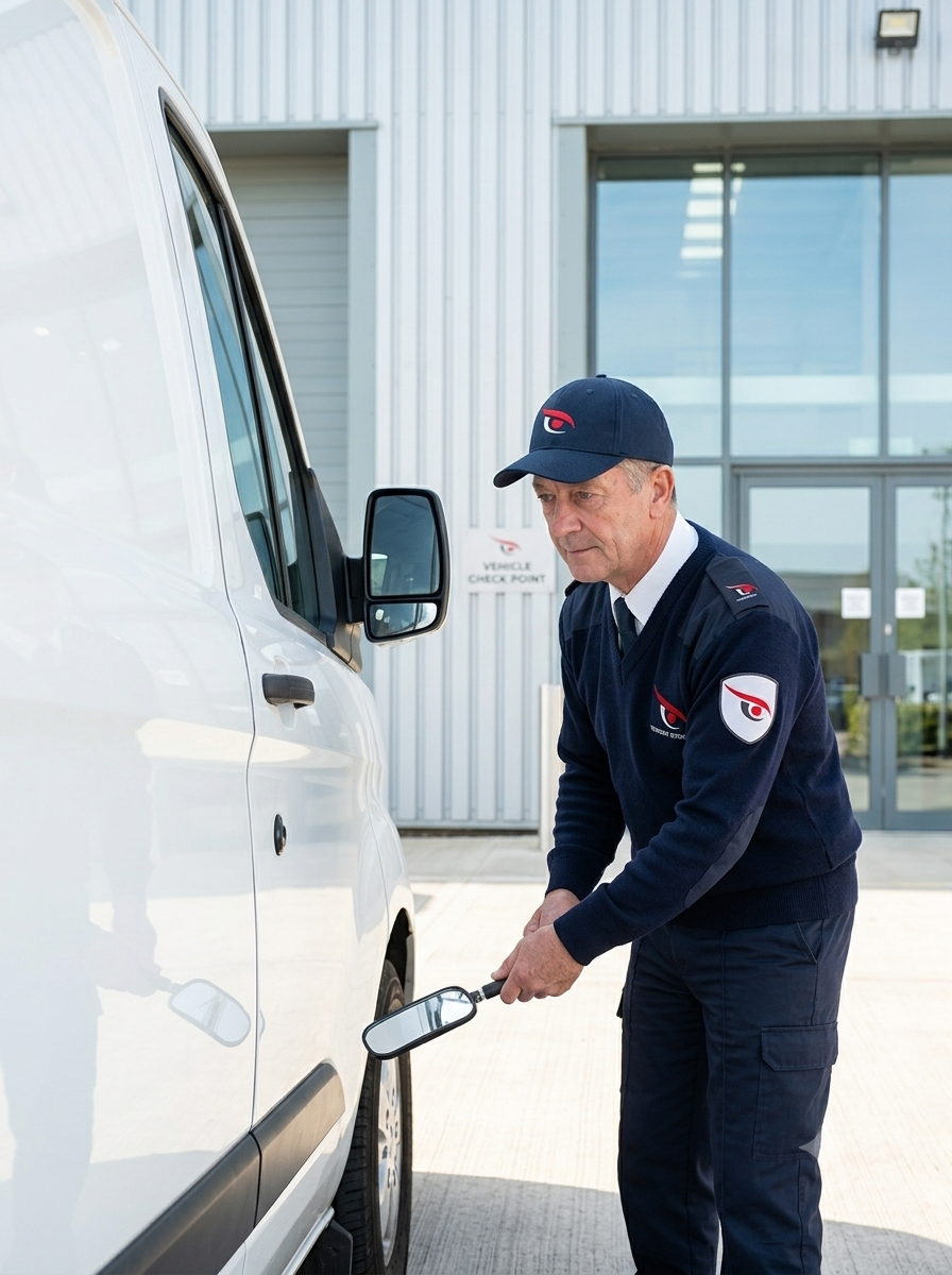 Vigilant static security guard stationed at a UK commercial site